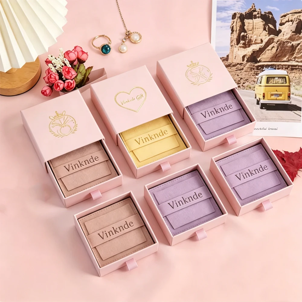 

100Pcs Custom Logo Drawer Jewelry Box With Velvet Microfiber Strip Bags Personalized Earrings Rings Necklace Brooch Boxes Pouch