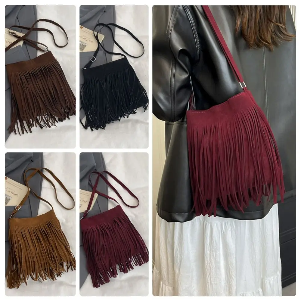 Fashion Suede Fringe Crossbody Bag Large Capacity Boho Style Shoulder Bag Solid Color Adjustable Shoulder Strap Bucket Bag Women