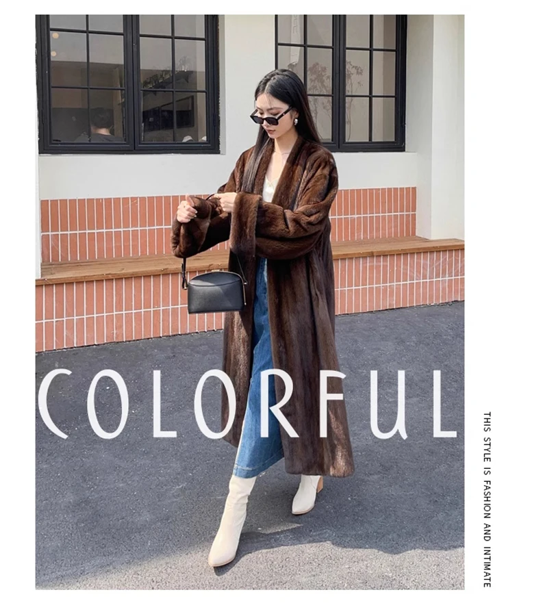 Lautaro Winter Long Vintage Elegant Luxury Chic Thick Warm Soft Brown Fluffy Faux Mink Fur Coat Women V Neck Furry Overcoat 2023