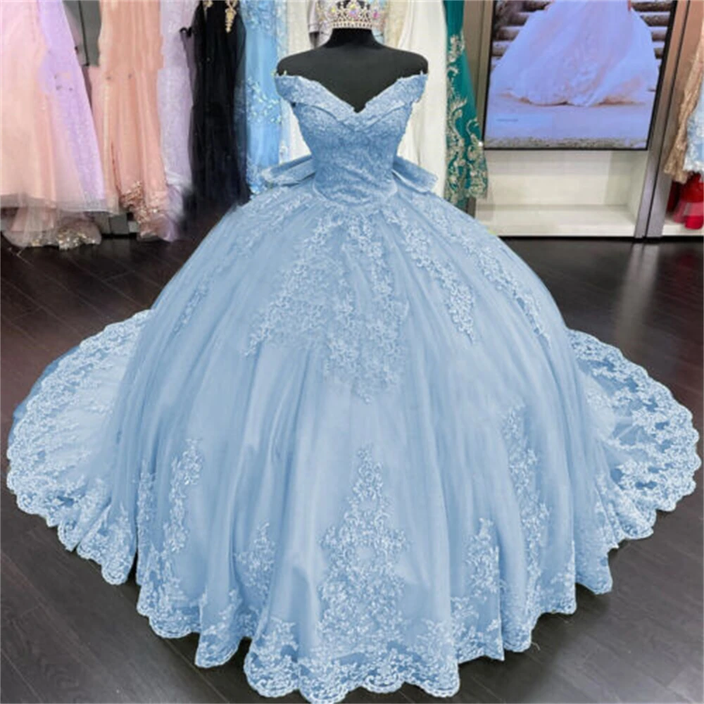 Elegangt renda fora do ombro ouro quinceanera vestidos sexy apliques com arco vestidos de 15 anos personalizado