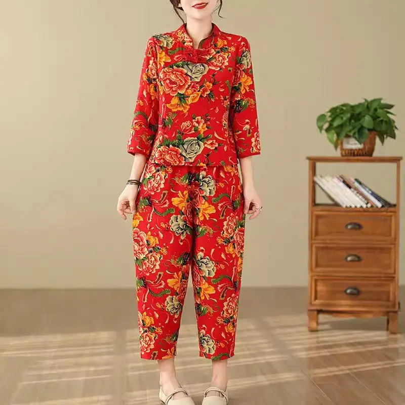 Northeast Flowe-ropa de algodón y lino para mujer, traje de verano, 3/4 Camiseta de manga, conjunto Retro de dos piezas, K089