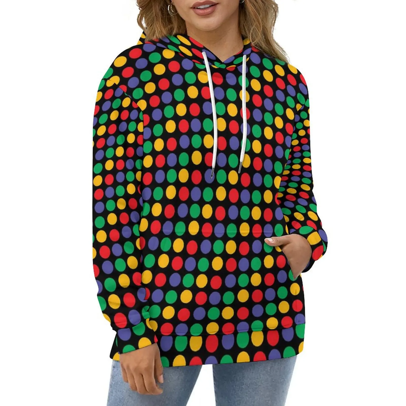 

Rainbow Polka Dots Casual Hoodies Colorful Print Loose Hoodie Autumn Long Sleeve Street Fashion Oversized Hooded Sweatshirts