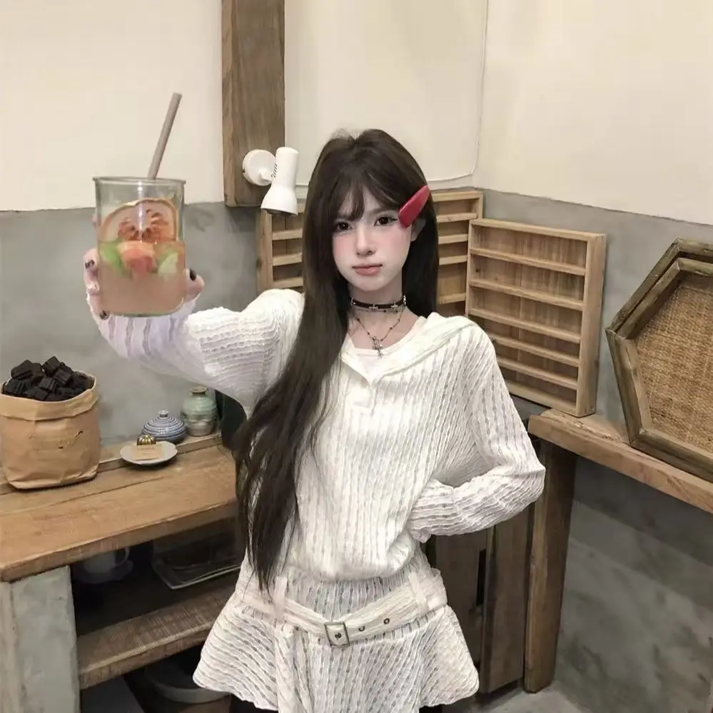 Sweet Pure Desire Elegant Casual Ropa Mujer Hoody Hollow Out Slim Waist T-shirt Ruffles Elegant Premium Minority Female