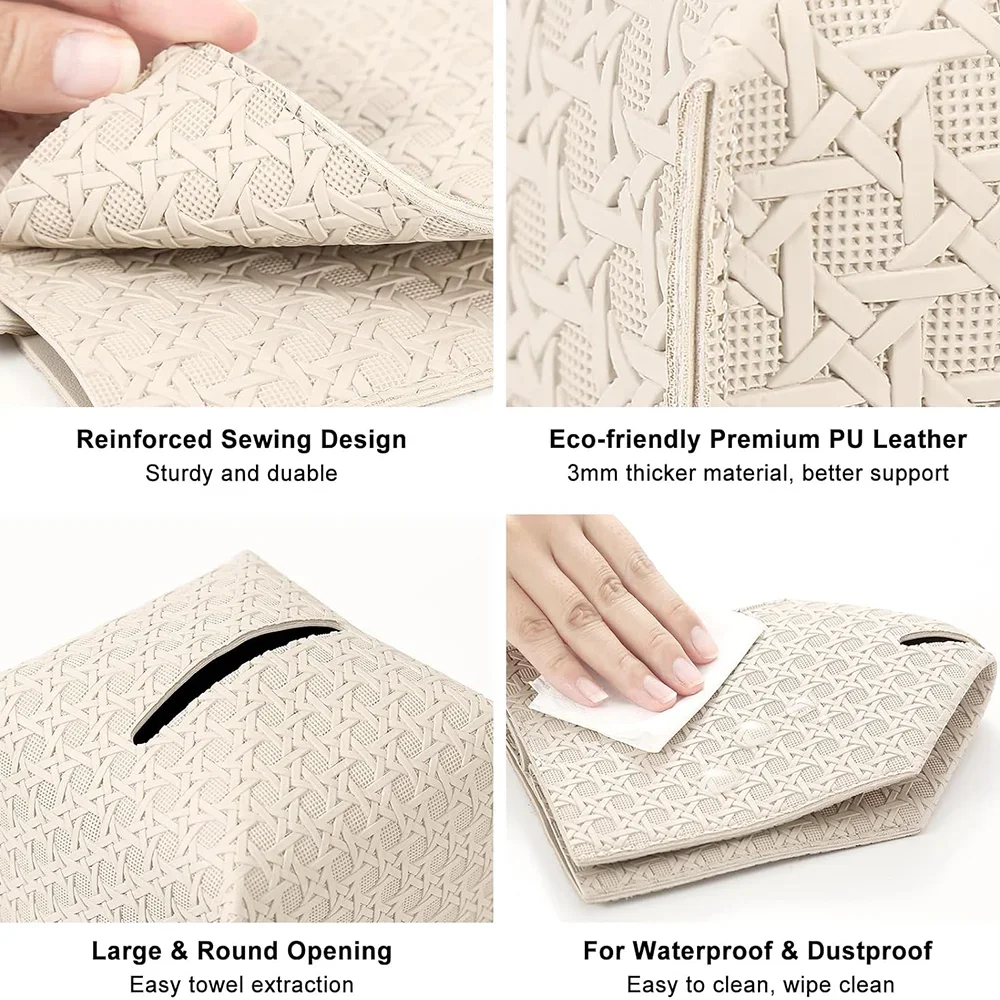 PU Leather Square Tissue Box Rattan Design Large-Capacity Drawer Box Supplies Foldable Tissue Box Cover for Home, Office, Car