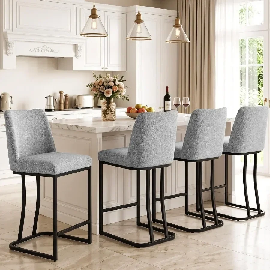 Counter Height Bar Stools 4, 24 Inch Seat Height Bar Chairs for Kitchen Island, Linen Fabric Upholstered Barstools with Metal F