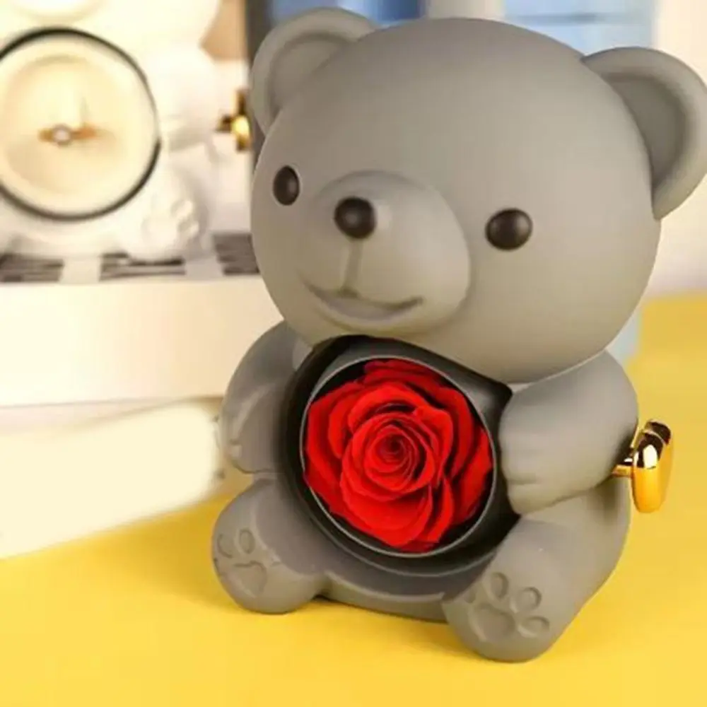 

Plastic Rotating Hugging Bear Jewelry Box Cute Jewelry Display Rose Bear Gifts Box Romantic with Soap Rose Jewelry Display Box