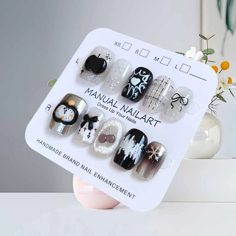 10 قطعة فضي أسود متدرج أرجواني ثلاثية الأبعاد قلب وأسود ماجيك أبل الراقية الشعور عين القط اضغط على الأظافر مسمار التصحيح الأظافر وهمية #6