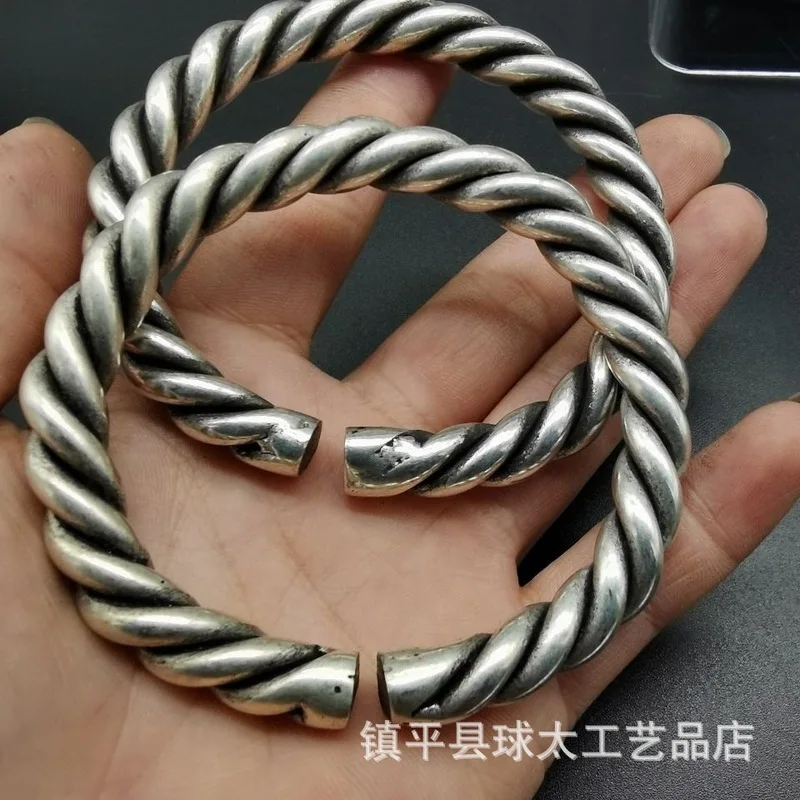 Tibetan-Style White Copper Round , Miao Silver Twisted Bracelet, Unisex Jewelry