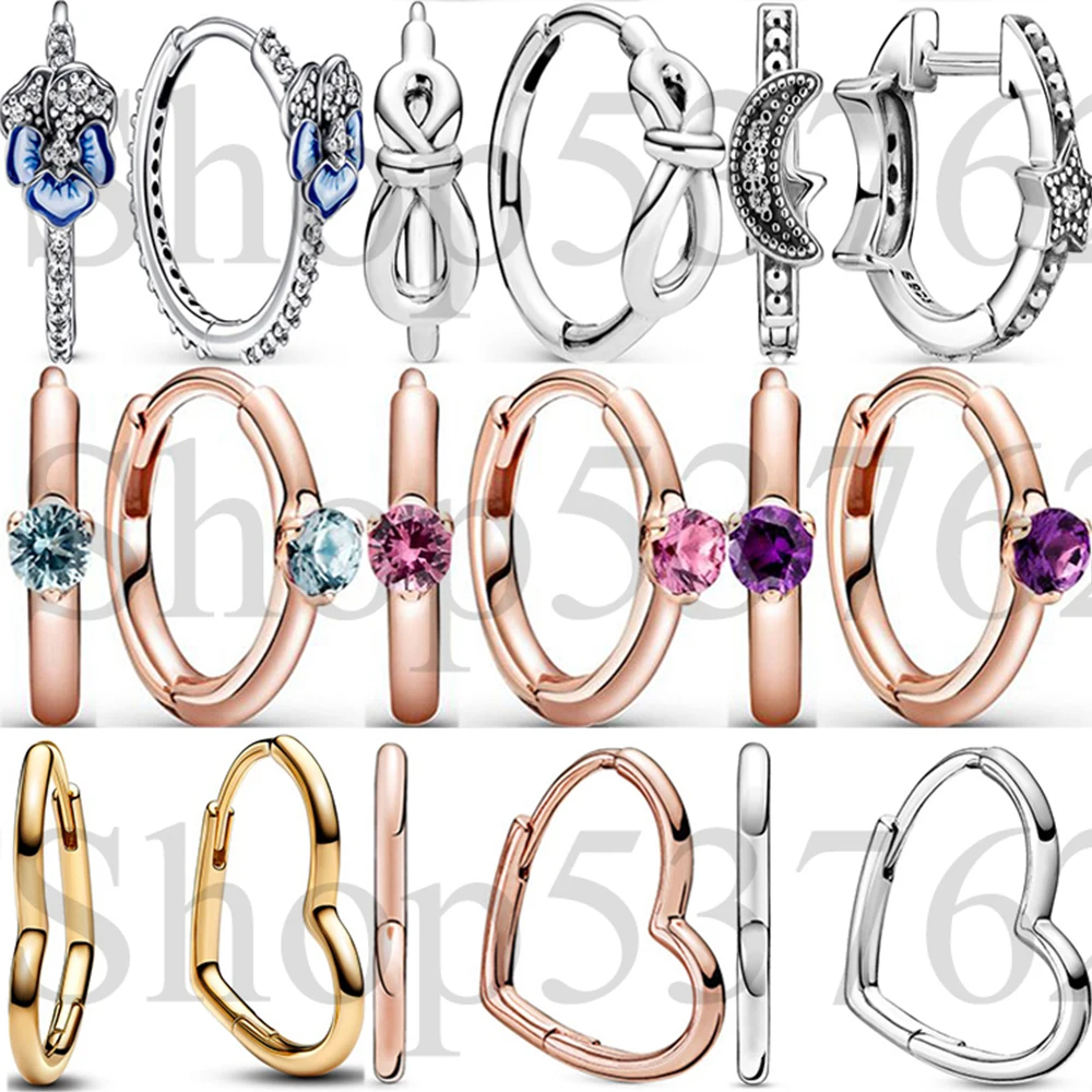

925 Sterling Silver Solitaire Huggie Crescent Moon Stars Moments Pansy Flower Fashion Hoop Earrings For Women Gift DIY Jewelry