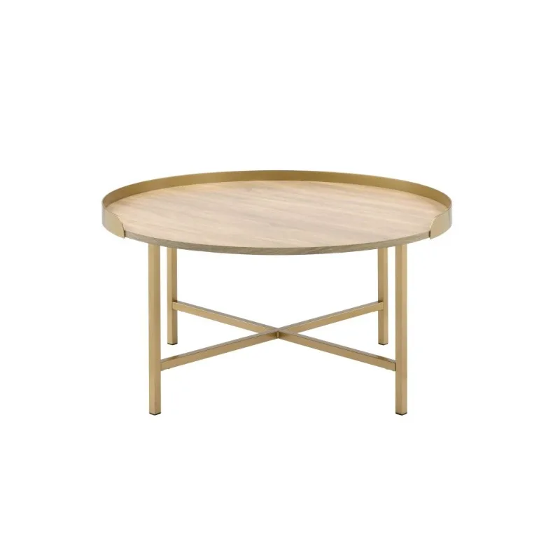Round Coffee Table with Light Wood Top Gold Metal Frame Modern Living Room Center Table Home Furniture for Decor and Daily Use
