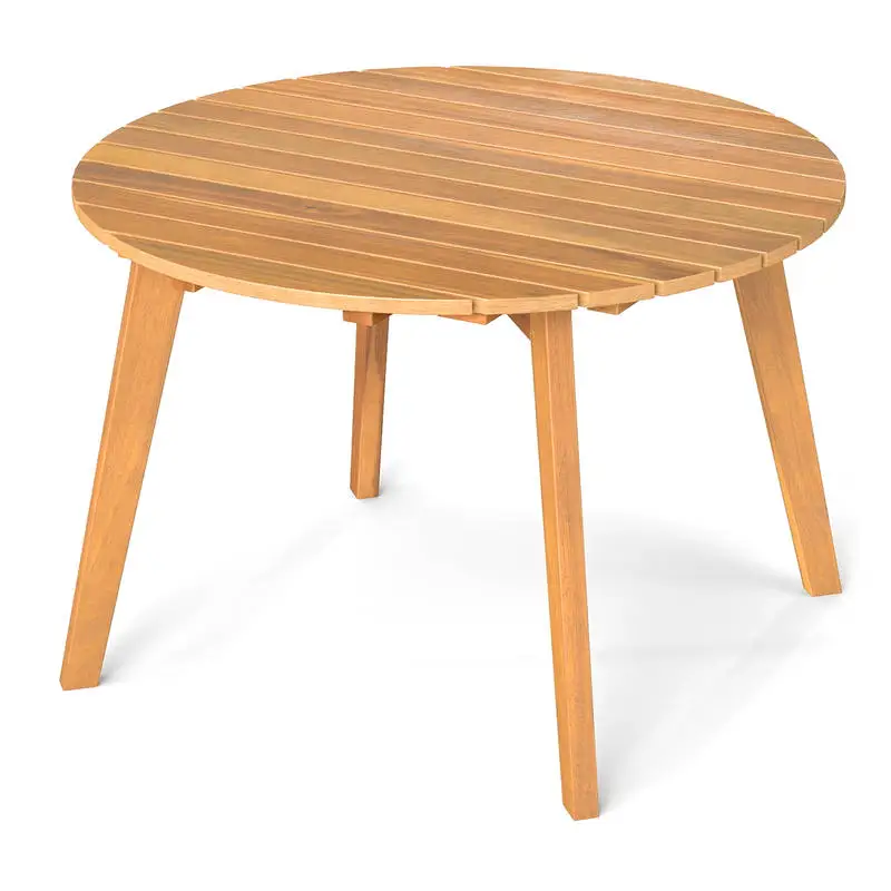 Round Acacia Wood Outdoor Side Table, Slatted Top with X-Frame Reinforcement, Durable Patio Garden Furniture for Balcony