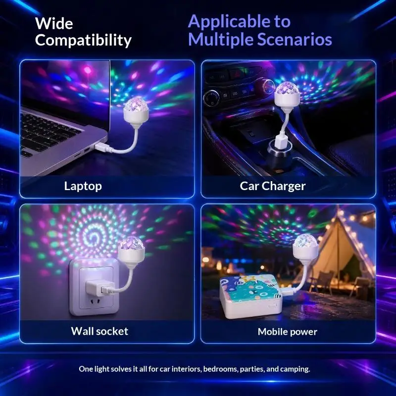 Mini USB LED Stage Light 360 Rotation Voice Activated Colorful Atmosphere Light for Outdoor Camping Disco Party Use