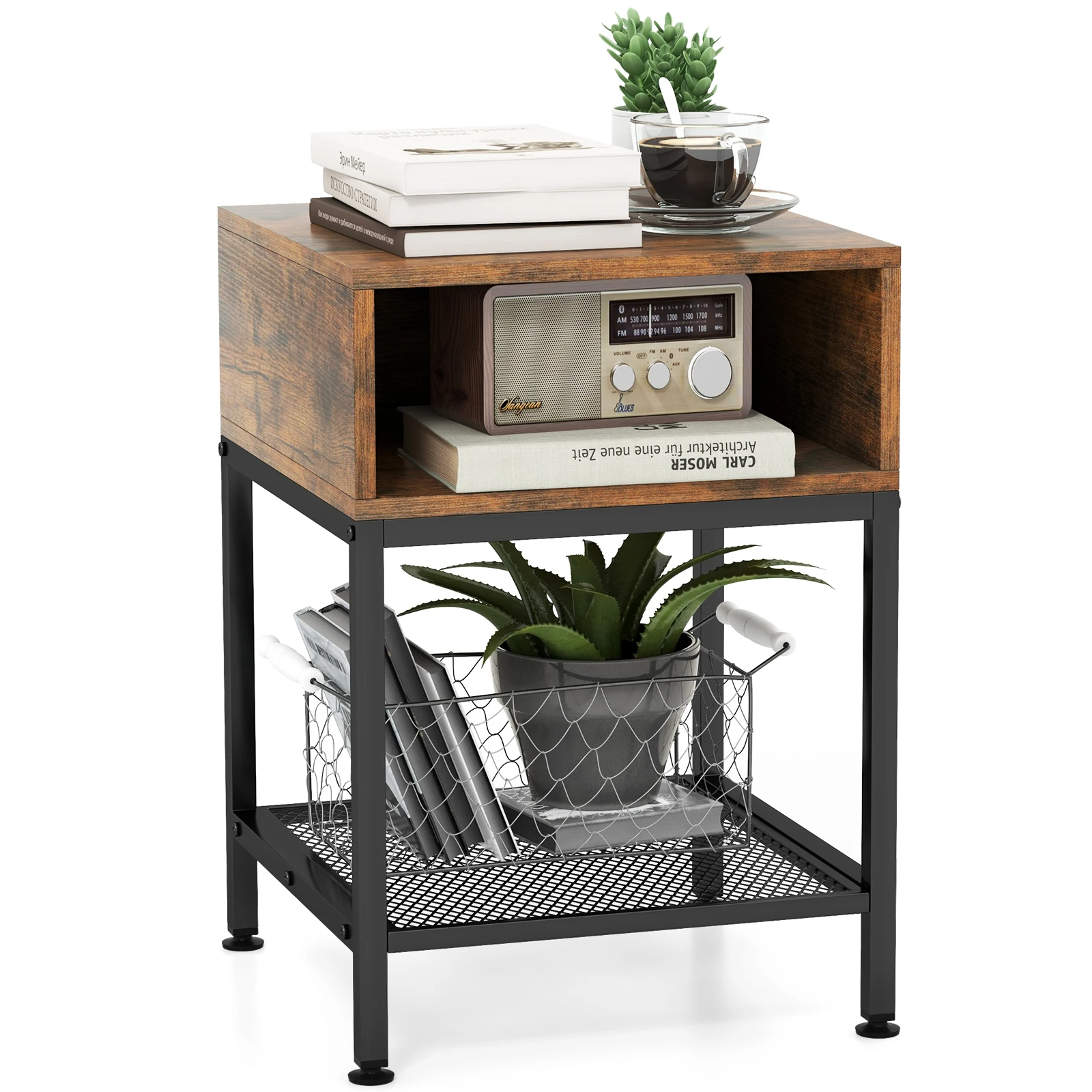 Mesa Auxiliar de Madera, Mesa de Centro de 3 Niveles con Marco de Metal, Mesilla de Noche Estilo Industrial con Compartimento Abierto y Estante de Malla para la Sala de Estar/Dormitorio