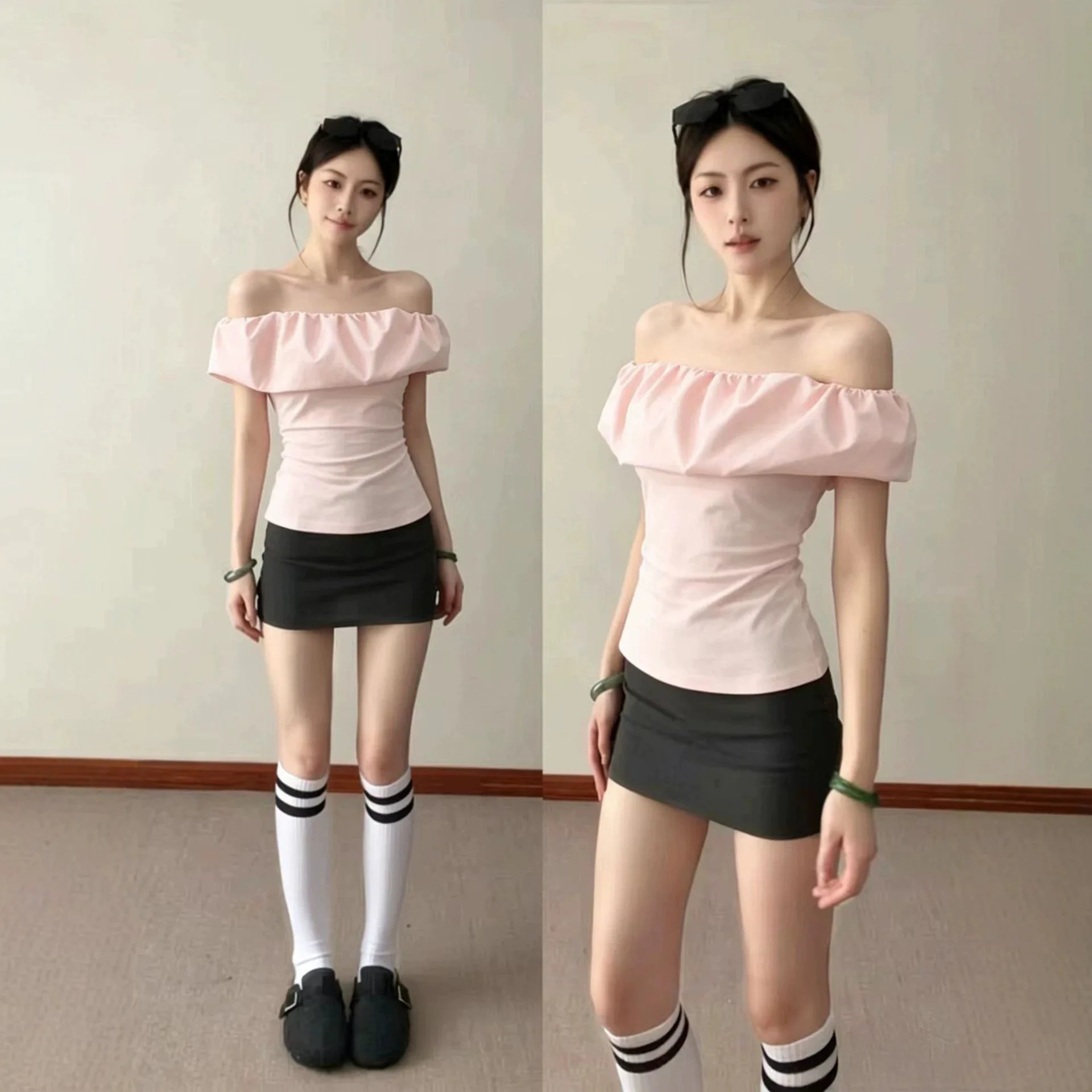 Women's Short Sleeves Sexy Pure Desire Wind Age-reducing Bud Design Sense One-word Shoulder Top Unique And Beautiful In Early Su