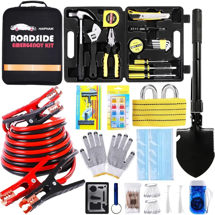 Emergency Roadside Kit for CarEmergency Kits for Vehicles Safety Kits for Cars Car Jumper Cables Kit 11.8 Foot Upgrade 124 Pcs