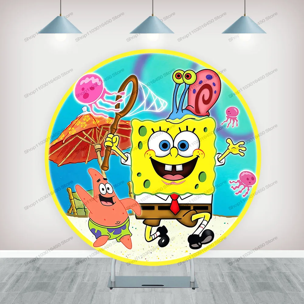 The Sponge Bobs Round Backdrop Elastic Circle Baby Shower Cute Cartoons Birthday Party Background Cylinder Decoration Props