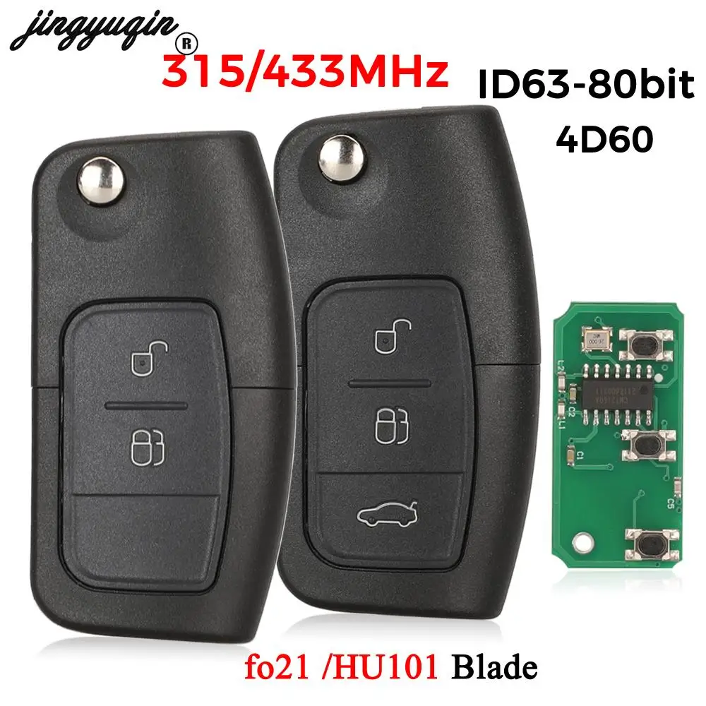 jingyuqin 315/433MHz Flip Remote Key 4D60 4D63 Chip For Ford Eco Sport 2013 - 2017 Focus MK 2 2009 Fob 2/3BNT HU101 FO21 Blade