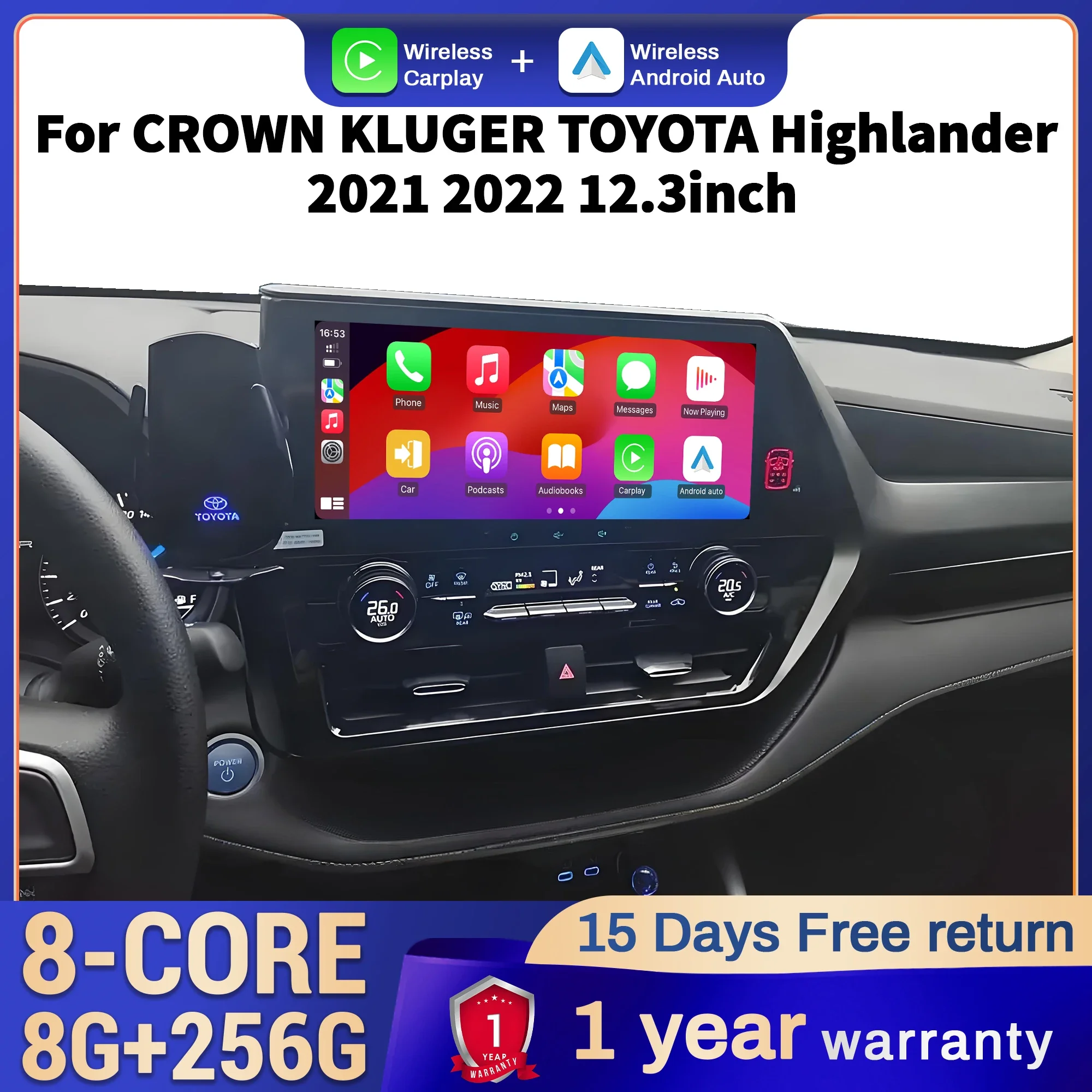 

12,3-дюймовый автомобильный радиоприемник для CROWN KLUGER TOYOTA Highlander 2021 2022 4G, головное устройство, беспроводной Bluetooth CarPlay, стерео с сенсорным экраном