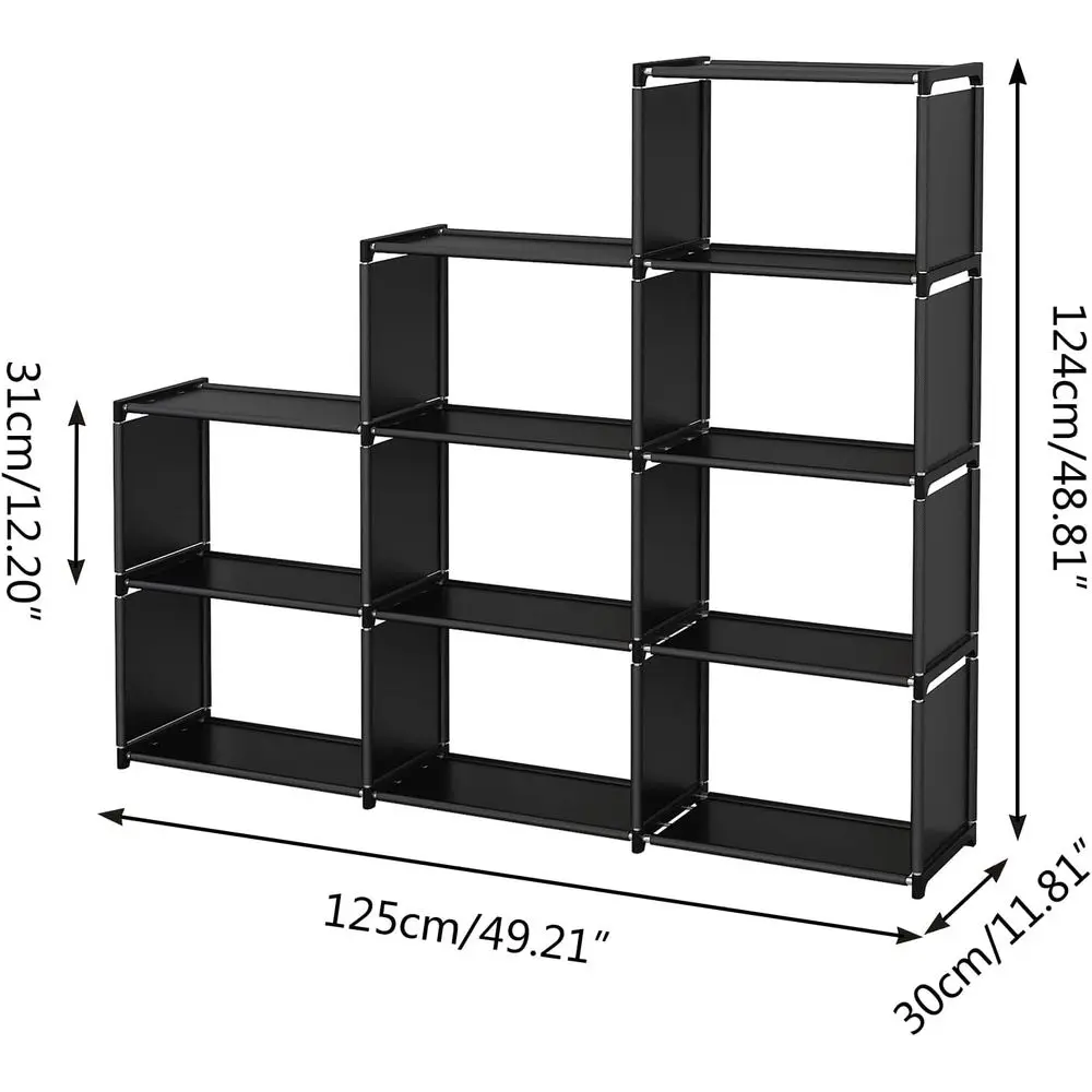 Vertical 9-Cube Storage Unit for Books and Decor, Dual-Tiered Black Shelving Rack for Living Spaces