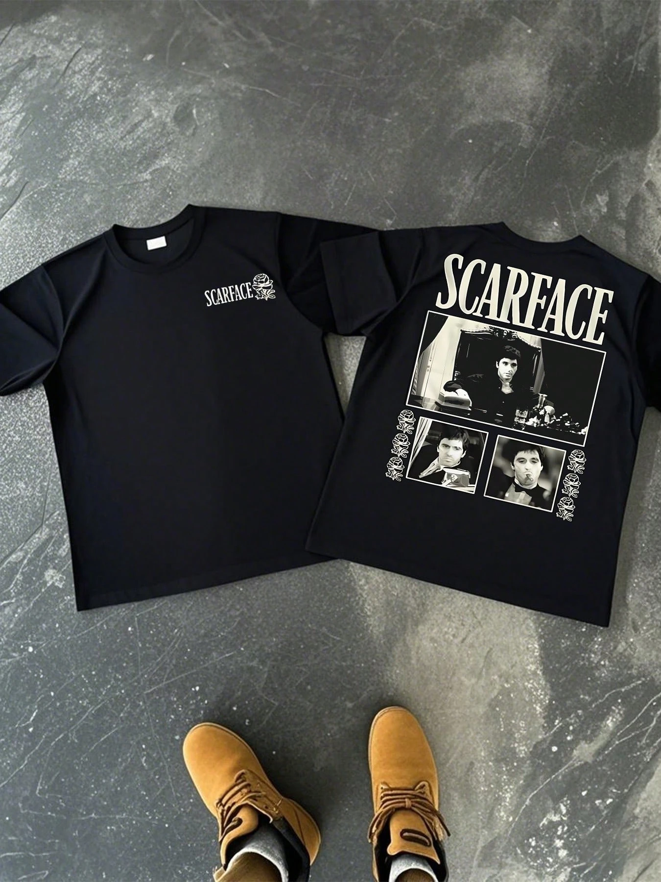 

Plus-size men's casual crew neck short-sleeved T-shirt, 100% cotton, printed with a retro style Tony Montana movie pattern.