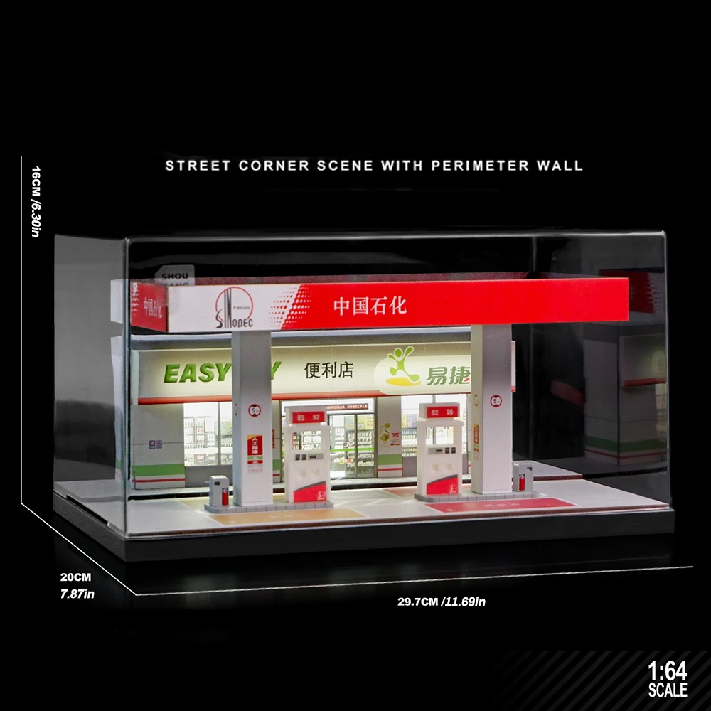 1/64 Sinopec-tankstationmodel met figuurtjes van medewerkers, diorama-scène, parkeerplaats met LED-verlichting (zonder auto).