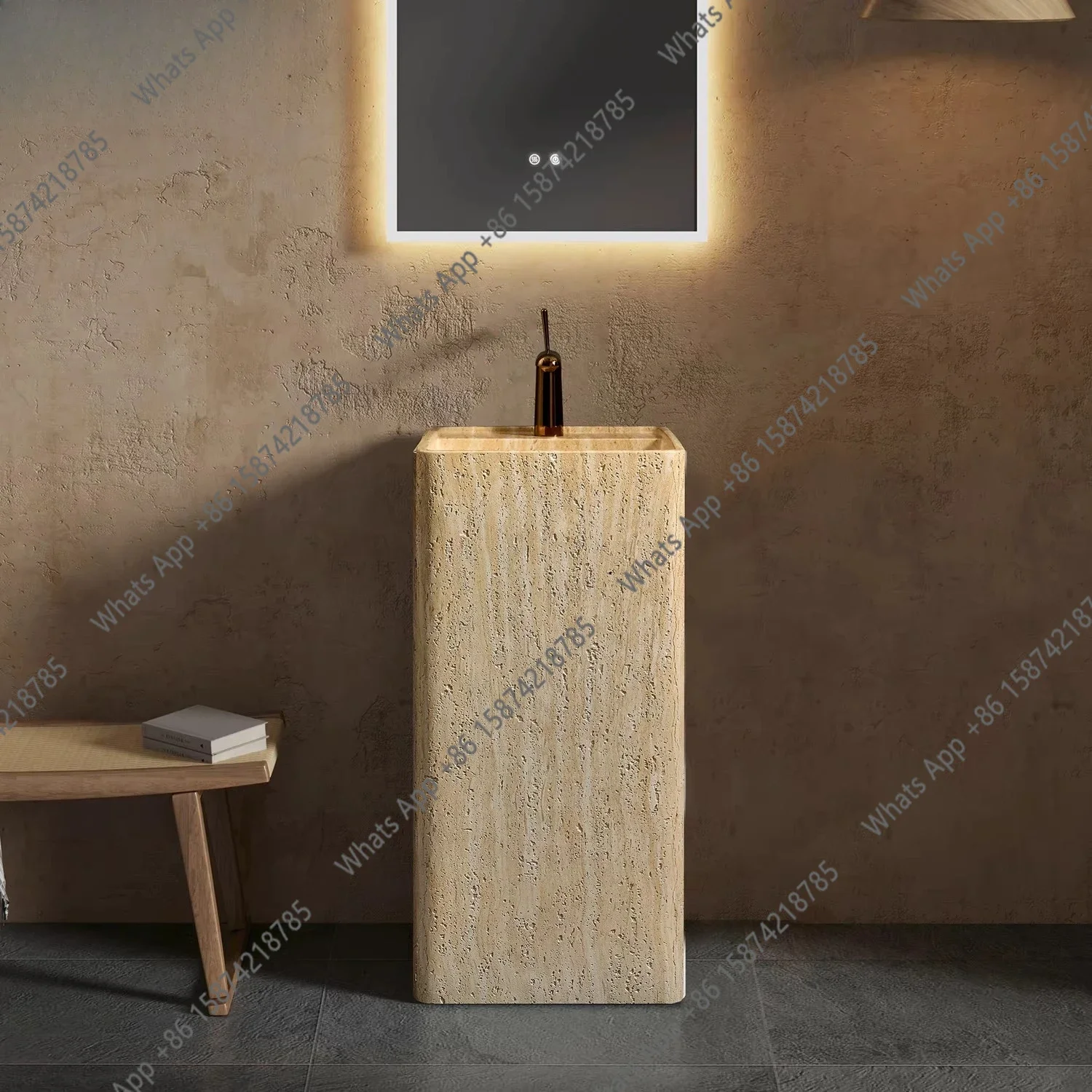 X30 Medieval Style Natural Travertine Granular Column Wash Basin Integrated Floor Type Advanced Homestay Wash Basin