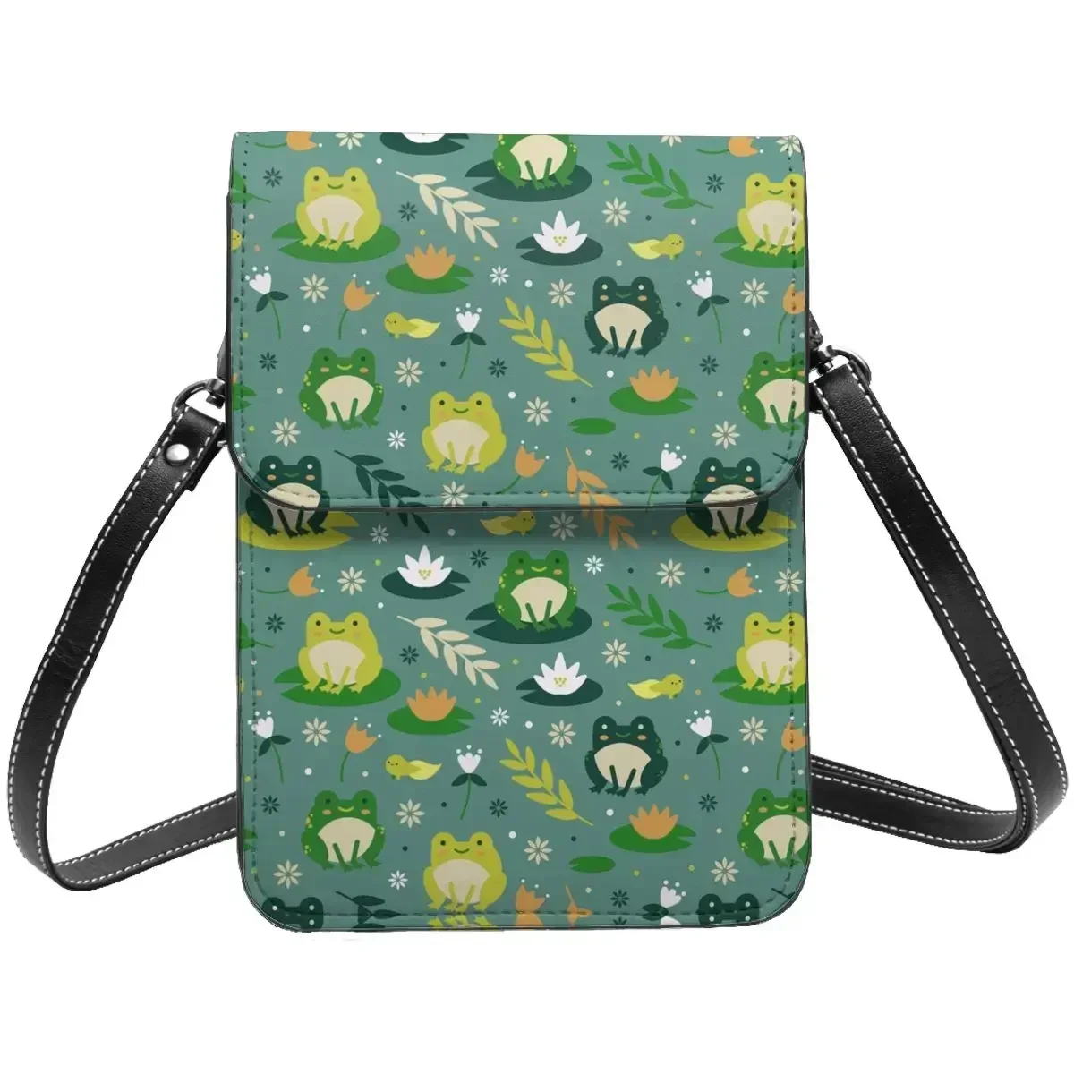 Cute Frogs Pattern Shoulder Bag Insect Green Plant Leaves Nature Student Gifts Mobile Phone Bag Retro Leather Business Bags