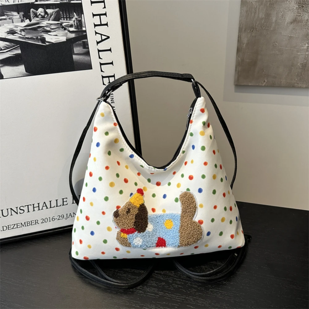 Colorful Polka Dot Cute Dog Backpacks Adjustable Straps Shoulder Bag Large Capacity Korean Canvas Tote Bag Ladies Commuting Bag