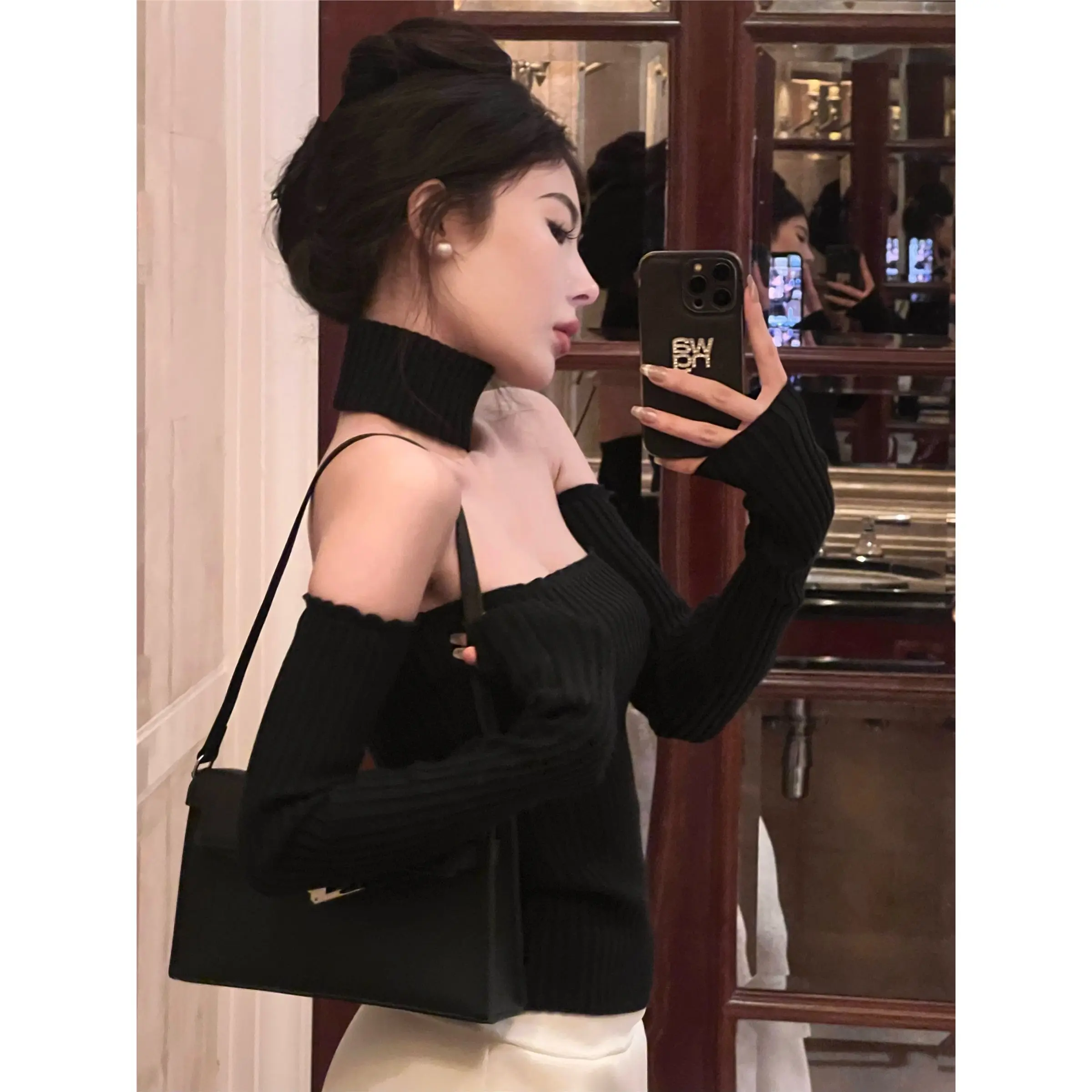 Maglioni Donna Slash Neck con spalle scoperte Top a maniche lunghe Maglieria Autunno Fondo dimagrante Maglione bianco Pull Femme