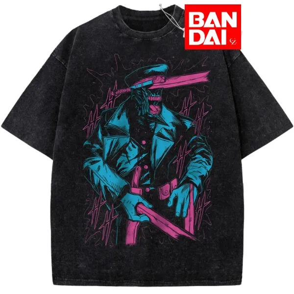 

Chainsaw Man Katana Man Acid Wash Oversized Cotton T Shirt 2026 Summer Streetwear Anime Graphic Tee for Men Women