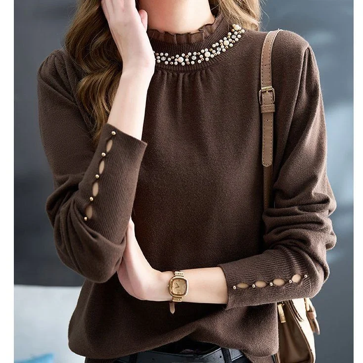 

Design Sensation Small ence Beaded ort Women's Knitted irt f High Collar Lace Trim Base Layer Autumn Winter New Sle