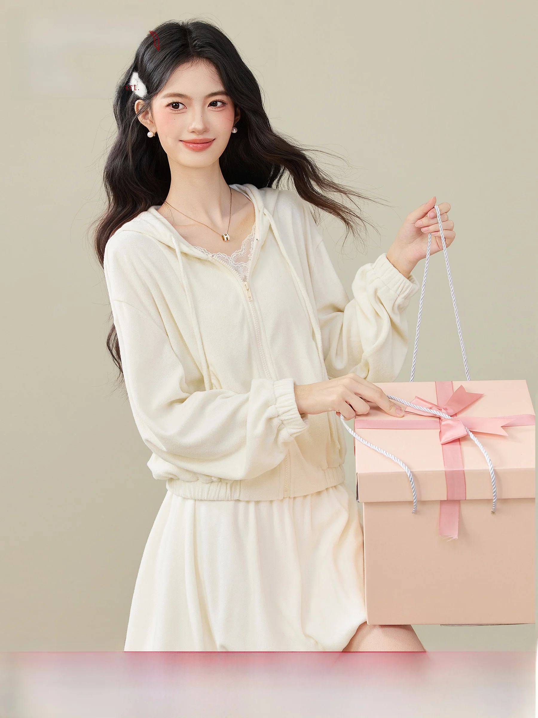 

Lingjiu Casual Hoodie Jacket Set Women's Spring 2026 Two-Piece Set Short Skirt Zipper Long Sleeve Student School Uniform