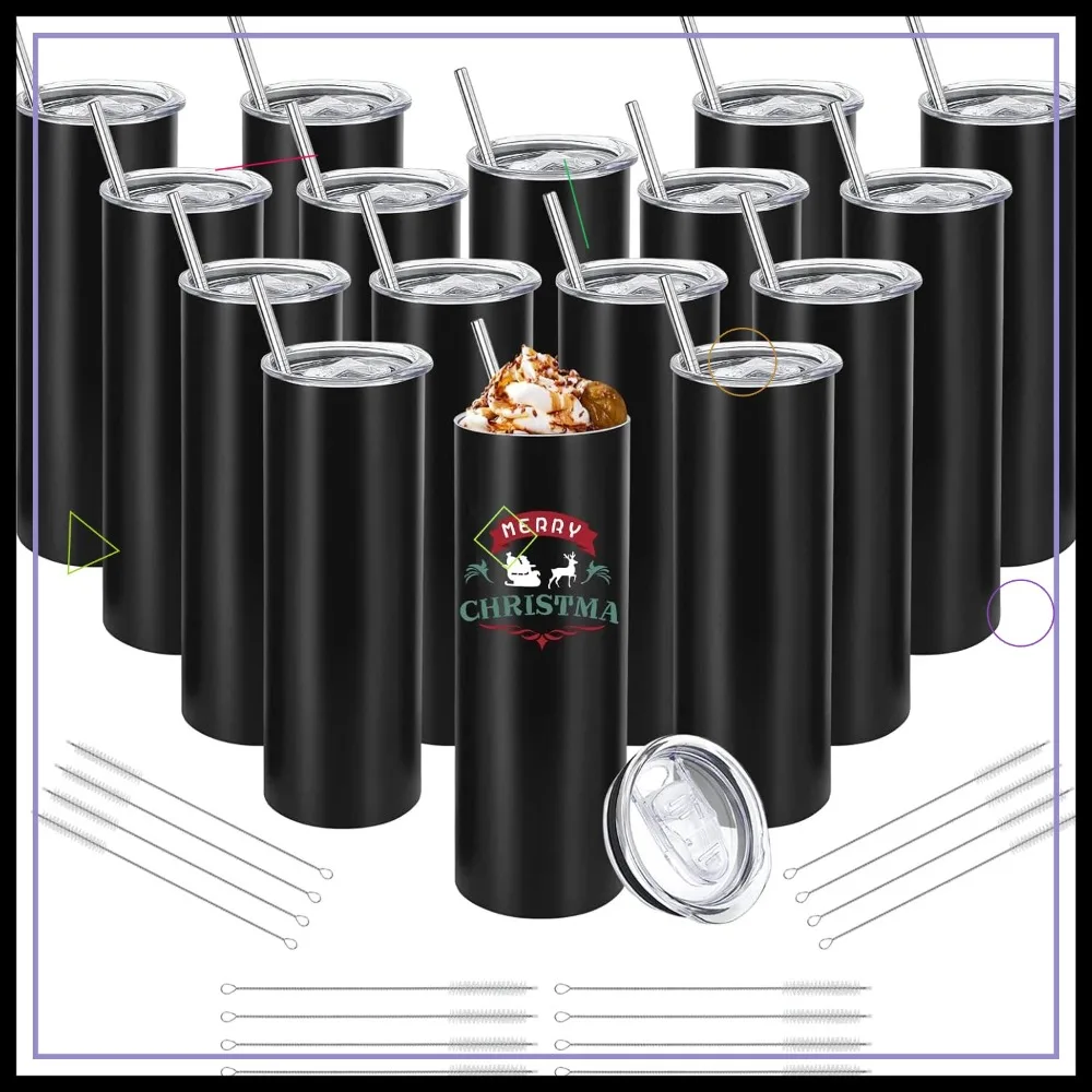 

16 Pack Stainless Steel Skinny Tumblers, Double Wall Insulated with Lid and Straw, 20oz Black for DIY Gift