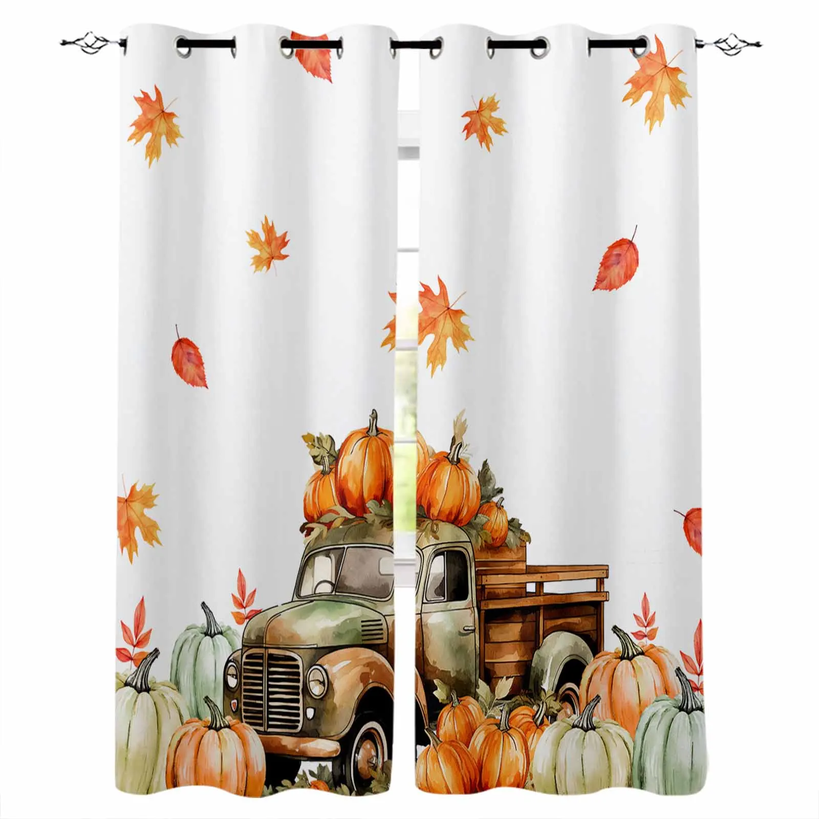 Fall Truck Pumpkin Maple Leaves Curtains for Living Room Window Decoration Curtains in Home Kitchen Luxury Bedroom Drapes