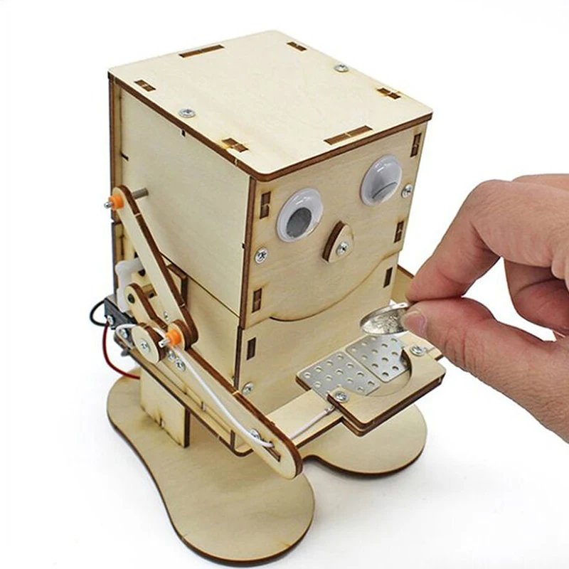 Robot die munten eet, houten DIY-model, leerproject, STEM-projectkit voor kinderen, wetenschappelijk experiment, educatief speelgoed, houten bouwpakket
