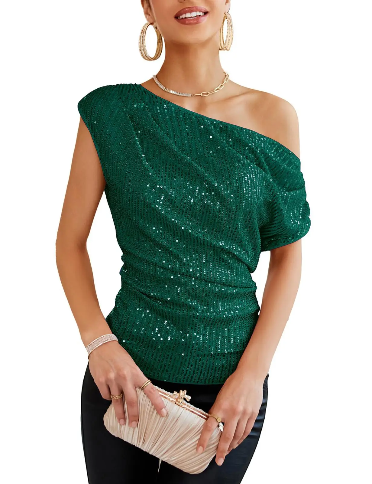 European and American One Shoulder Pleated Top, Short Sleeved Top, Sequin, New, Spring, Summer, 2022