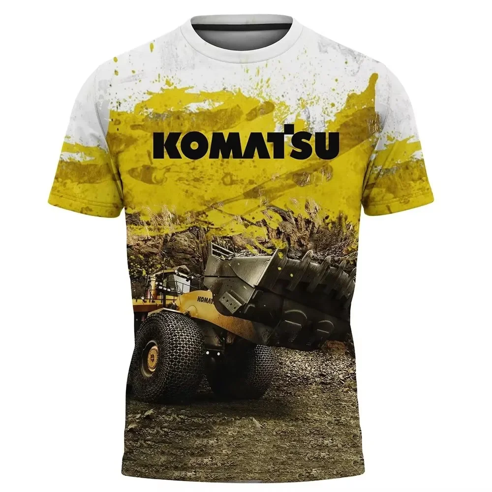 Excavator Engineering Machinery 3D Printing Round Neck T-shirt Men's Summer Sports Short Sleeve T-shirt Komatsu O Collar Shirt T