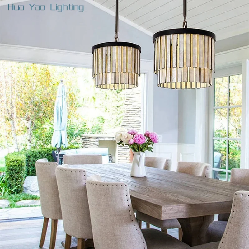 

American Country Style Sea Shell Chandeliers LED Round Villa Ceiling Hanging Lamps Lights for Dining Room Suspension Lustres