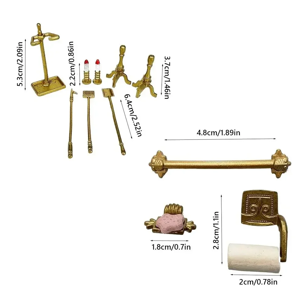 Muebles para casa de muñecas a escala 1/12, accesorios dorados para chimenea, juego de toallero para casa de muñecas, estante para jabón, modelo de toallero de papel en miniatura