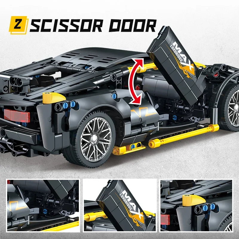 1229 قطعة نموذج لغز كتلة السيارة الخارقة التقنية عالي التقنية باللونين الأسود والأصفر نموذج مكعبات بناء السيارة هدايا عيد الميلاد #4