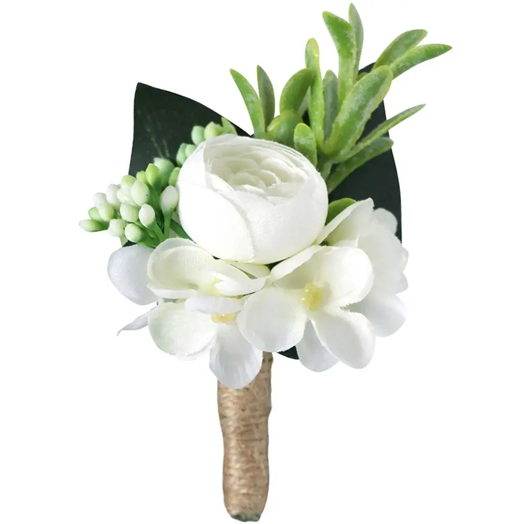 Wrist Corsage Brooch Pin for Wedding Bridal Party Prom Artificial Silk Rose Peony Flower Decor Groom Bridesmaid Bride White