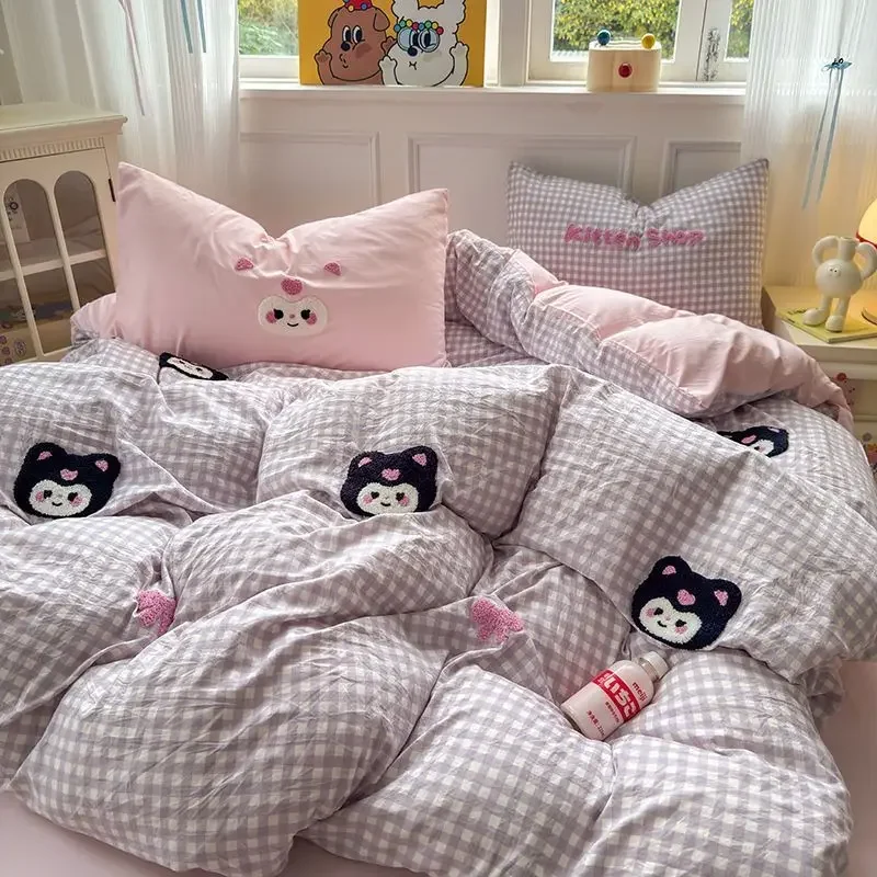 

Sweet Hello Kitty My Melody Anime Kawaii MINISO Embroidered 3 4-piece Set Bed Cover Dormitory Cute Bedding Sheet Gifts for Girls