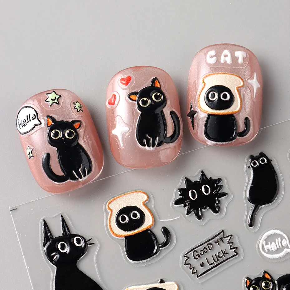 2 pezzi 3D adesivi per nail art gatto nero cartone animato adorabile gatto carino pane stella decalcomanie per unghie cursori di design decorazioni per nail art manicure