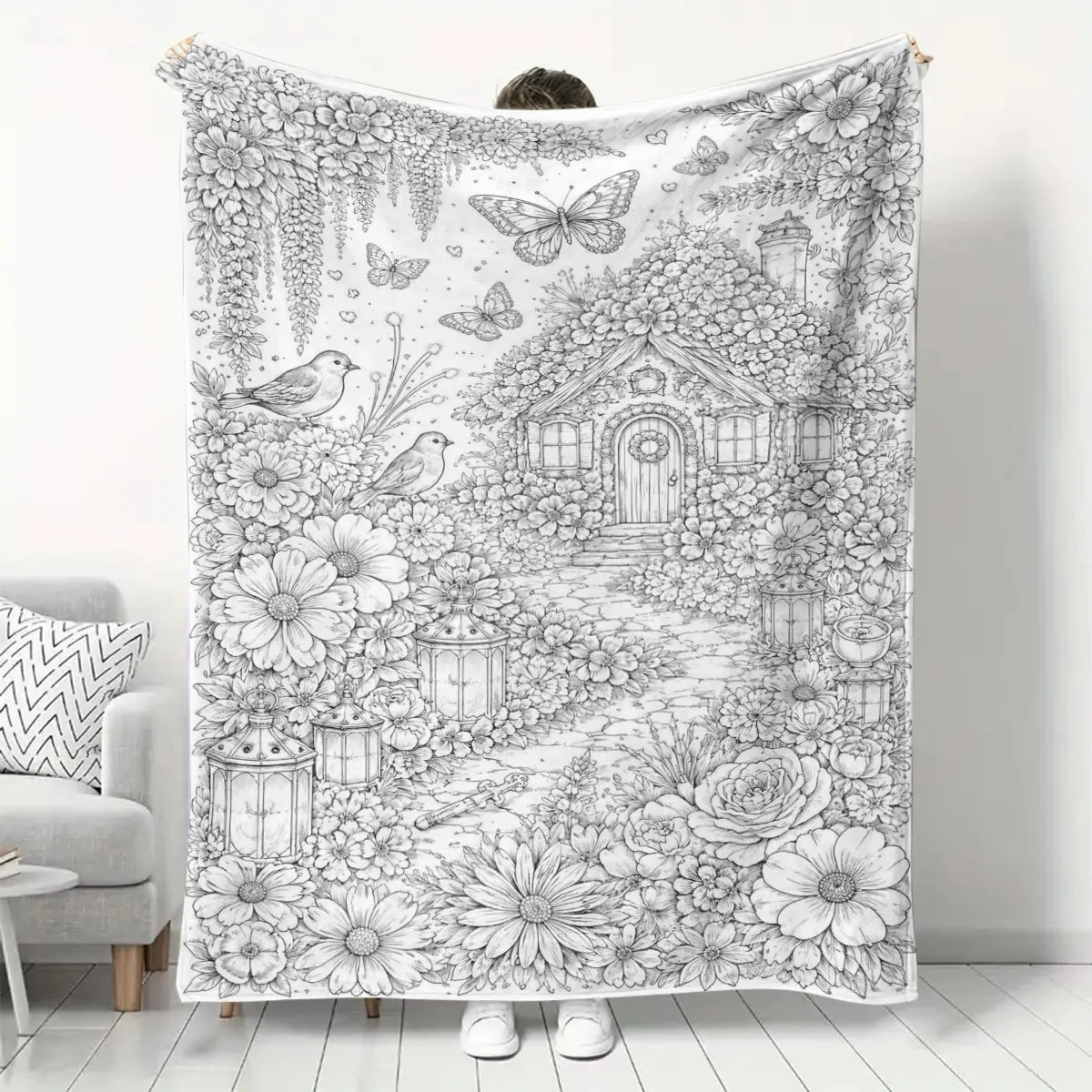 DIY Coloring Flannel Blanket. Hand Drawn House Flower Print, Soft Comfortable for Office Sofa Living Room, Holiday Gift. Colorin