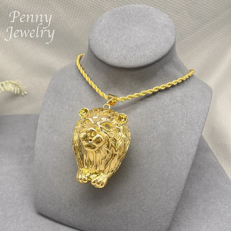 Texture Lion Pendant Necklace Earrings Animals Dubai 24K Gold Plated Jewelry Set for Women African Bridal Party Wedding Gifts