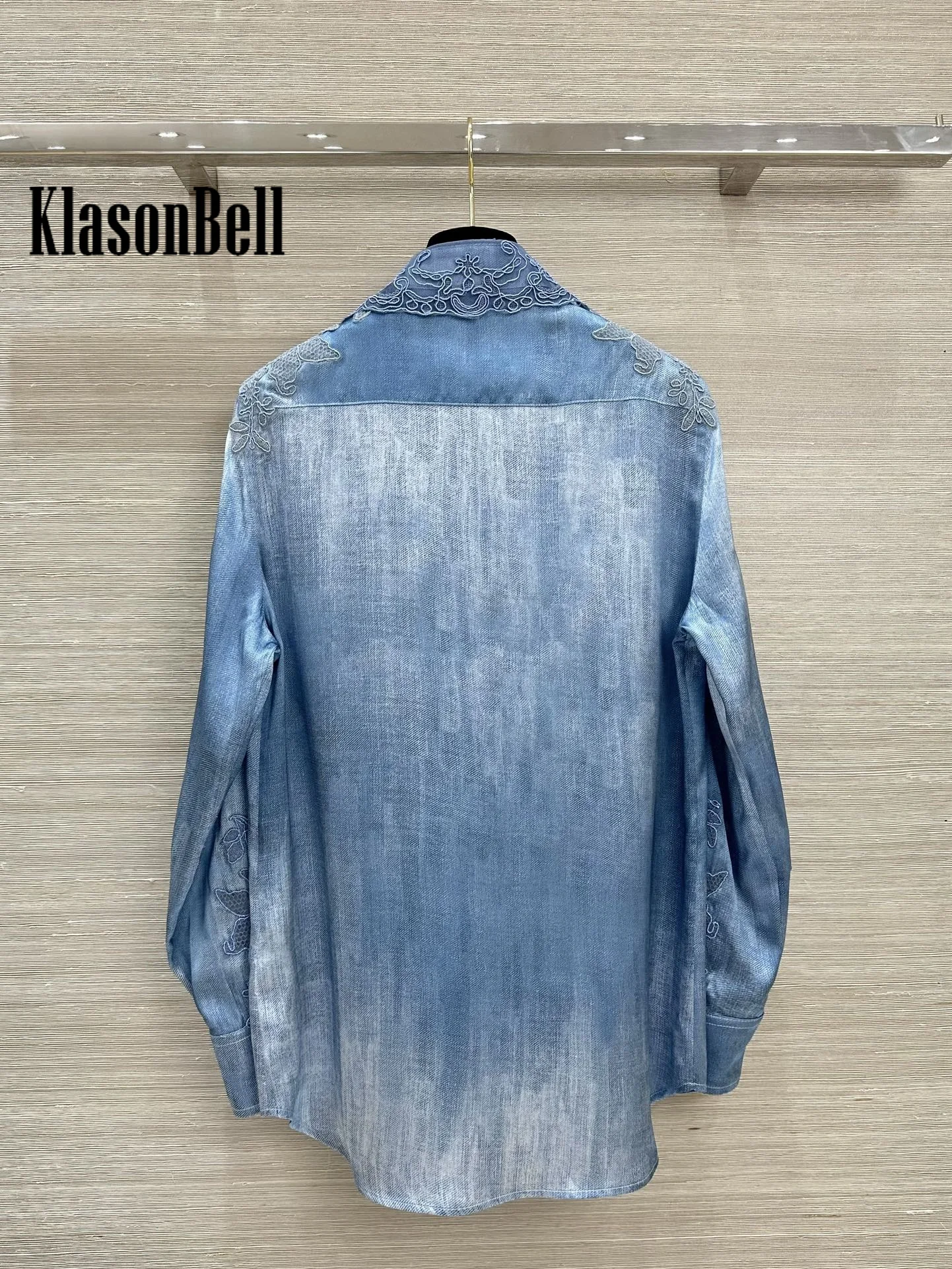 7.25 KlasonBell Women Lace Applique Embroidery Single Breasted Shirt Tie-Dye Print Blue Long Sleeve Loose Blouse