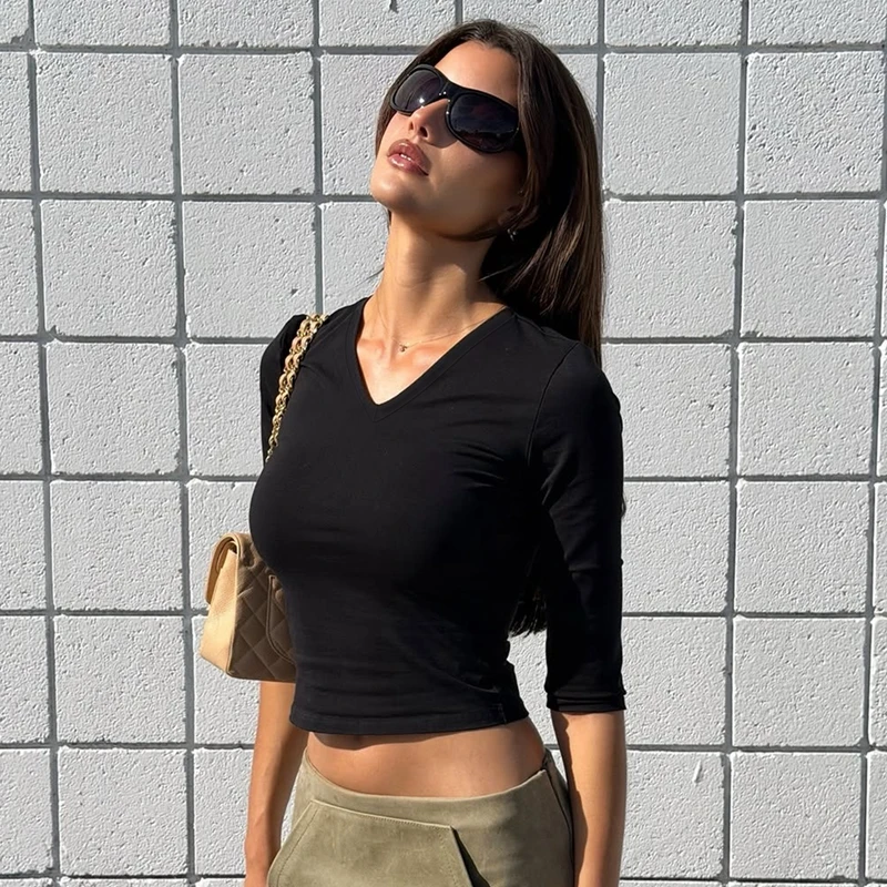Hugcitar Damenmode V-Ausschnitt Einfarbiges Langarm Sexy Slim Crop T-Shirt Top Herbst Casual Outfit Streetwear Party T-Shirts – Detail 20