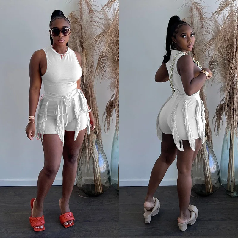 

Active Women's Tracksuit Sleeveless bodysuit and Tassel Splicing Shorts Matching Two 2 Piece Set Outfit Sport Sweatsuit