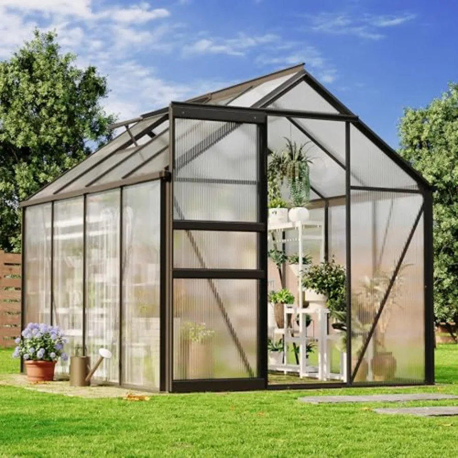 Polycarbonate Greenhouse 6x8 Ft - Free-Standing Greenhouse for Outdoors with Rust-Resistant Aluminum Frame, Gutter System and R