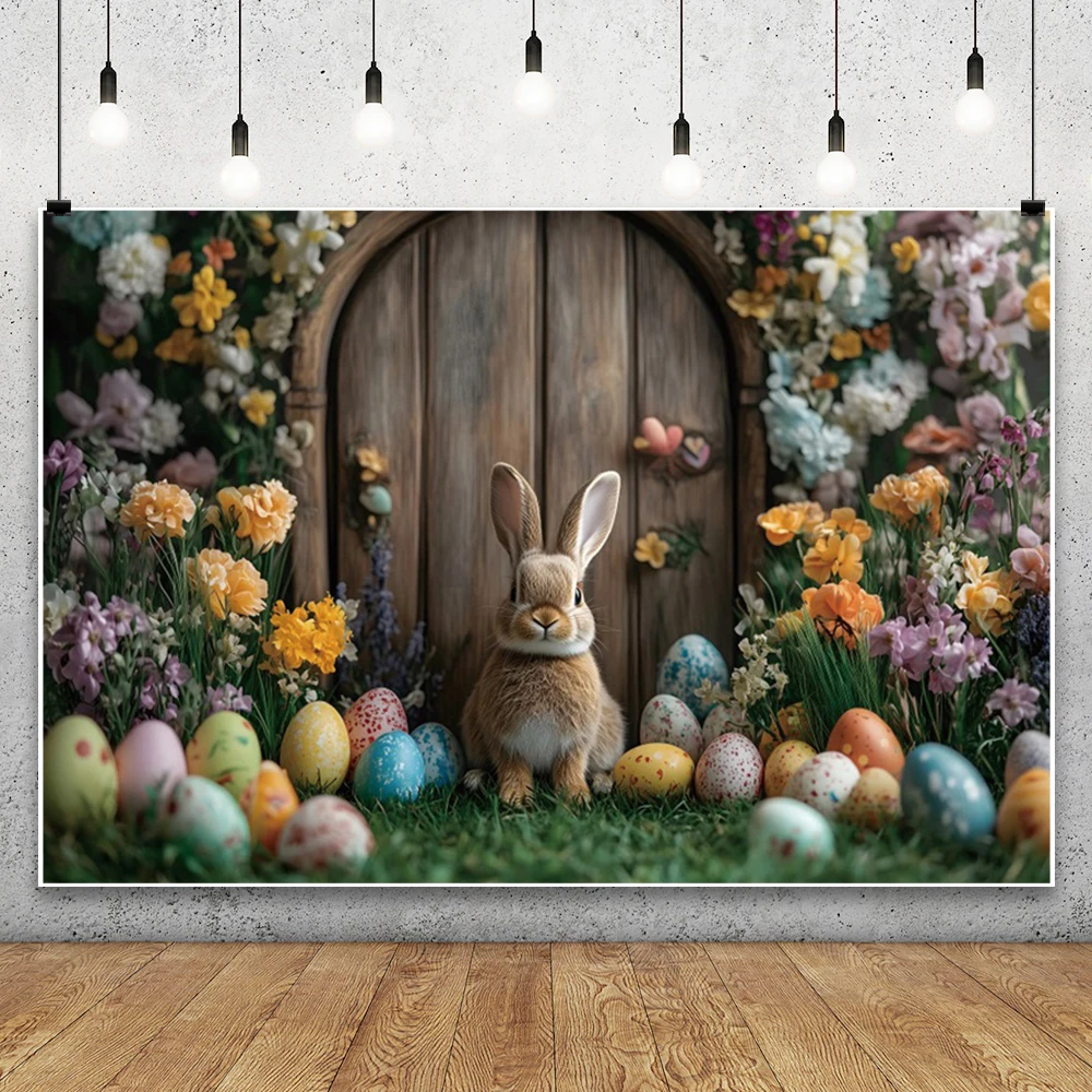 أرنب عيد الفصح حديقة التصوير خلفية زهور الربيع بيض عيد الفصح باب خشبي للأطفال عيد ميلاد داخلي صورة خلفية التصوير الفوتوغرافي